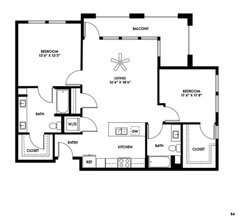 Floor plan for 2 beds, 2 baths, 1109 sqft